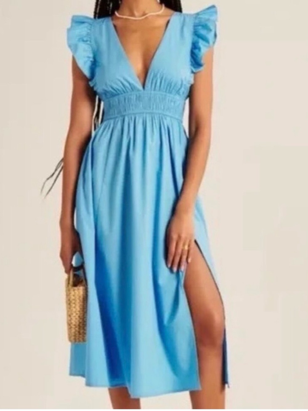 Abercrombie & Fitch Cotton Blend Sky Blue Flutter-Sleeve Midi Dress